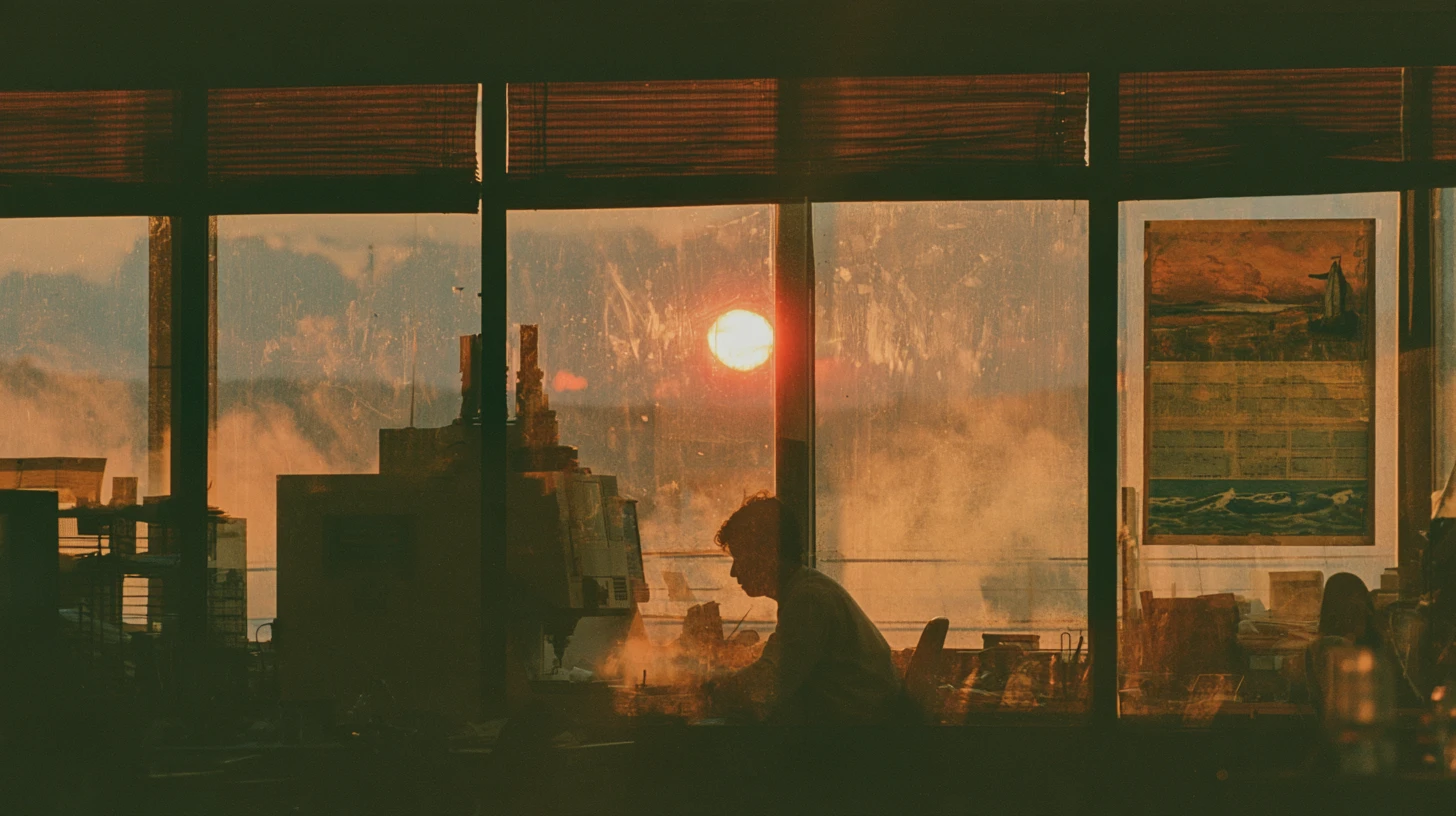 Büro am Abend: Ein Mann sitzt allein am Schreibtisch vor großen Fenstern, draußen geht die Sonne unter.